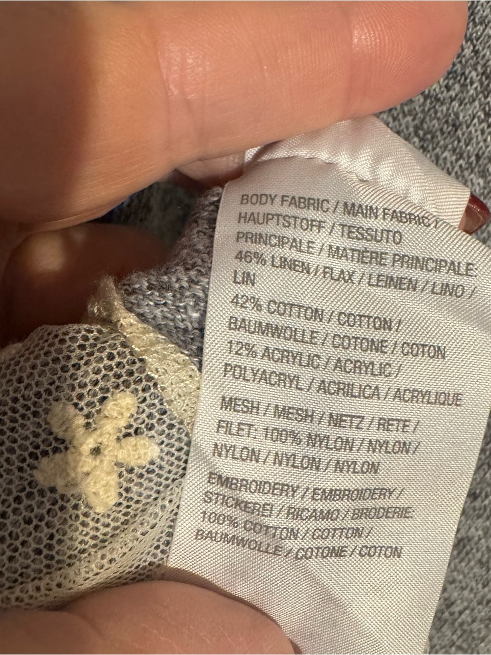 LOGO  Gray Button Front Cardigan with Cream Lace Trim Linen Blend - Picture 10 of 12